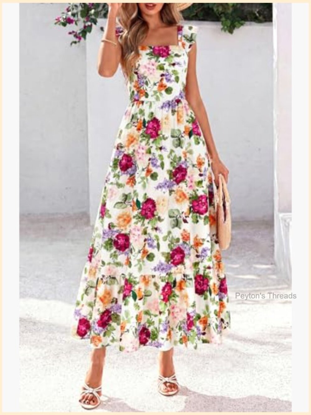 Ruffle Sleeve Square Neck Floral Boho Midi Dress Smocked Backless Tiered - Picture 3 of 7
